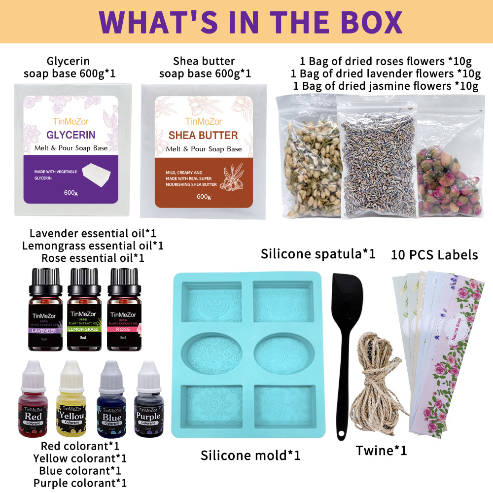 Soap Making Kit for Adults - DIY Natural Soap Supplies Glycerin & Shea Butter Soap Base with Soap Molds, Dried Flowers, Dye and Fragrances- DIY Craft Kit